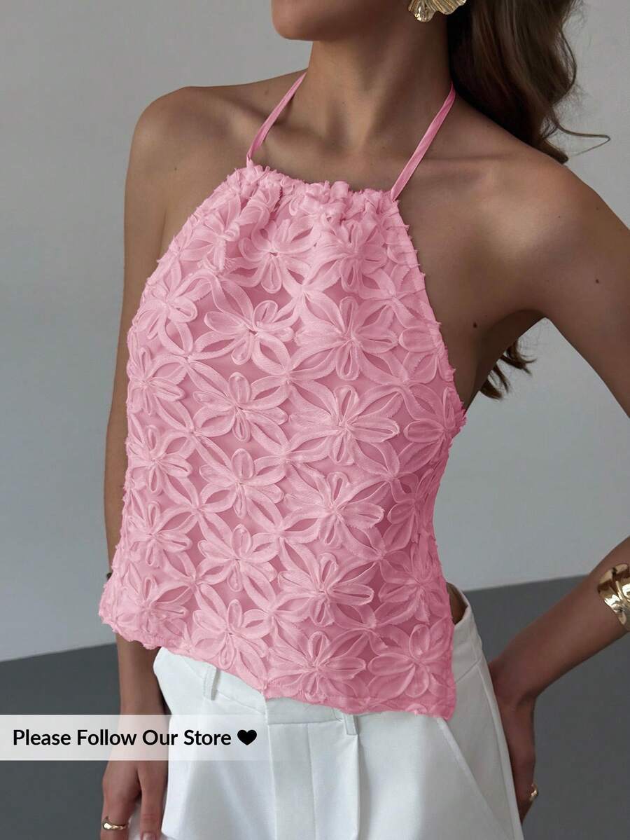 Aloruh Stylish Pink Woven Fabric Halter Top For Women With Cold Shoulder Detail And Knot Asymmetrical Hem - Pink - View 1