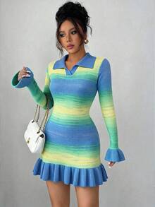 优雅渐变色莲花荷叶边领长袖修身连衣裙，适合春秋季穿着 - 彩色 - 查看 3