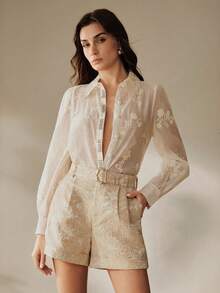 Anewsta Quần short nữ màu sâm panh thanh lịch, chất liệu jacquard, có thắt lưng. - Rượu sâm banh - Xem 7