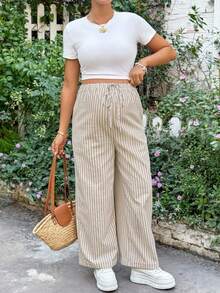 SHEIN Maternity Clothes Maternity Pants Summer Pregnant Clothes Apricot Striped Maternity Pants Maternity Knotted Striped Drawstring Wide Leg Casual Pants Vacation - Apricot - View 5