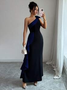 Elenzga 女士新款斜肩撞色3D立体花卉荷叶边腰部鱼尾优雅长裙 - 藏蓝色 - 查看 7