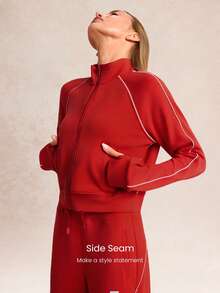 GLOWMODE SoftSerene 莫代尔撞色滚边腰部拇指孔修身拉链卫衣，适合日常休闲穿着，秋冬款 - Fiery Red - 查看 4