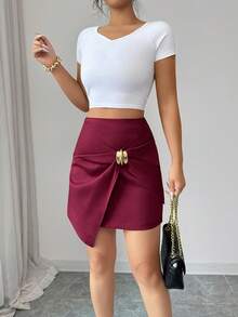 Elenzga 早春夏季休闲百褶高腰金属装饰不对称短裙，优雅百搭，适合日常、派对、情人节、婚礼等场合，时尚红色短裙 - 紅色 - 查看 4