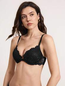 Hourtrue 黑色性感蕾丝前扣内衣女士薄杯舒适透气聚拢文胸 - 黑色 - 查看 5