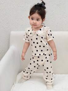 DAZY 女婴波点领刺绣上衣和裤子两件套，休闲家居服 - 米色 - 查看 9