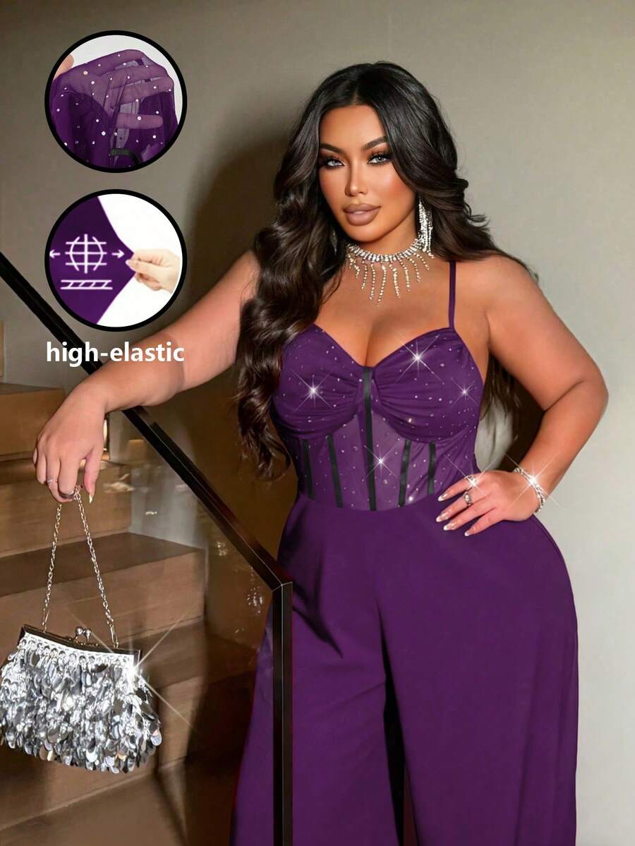NU&NOW Plus Size Women's Sexy Party Spaghetti Strap Shiny Elastic Mesh Wide Leg Jumpsuit, Autumn/Winter - Purple - View 1