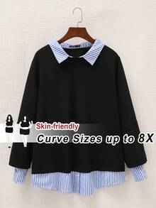 SHEIN CURVE+ Plus Size Women Striped Lapel Long Sleeve Casual Patchwork Sweatshirt Winter Fall Autumn Curve Plus Tops - Baby Blue - View 1
