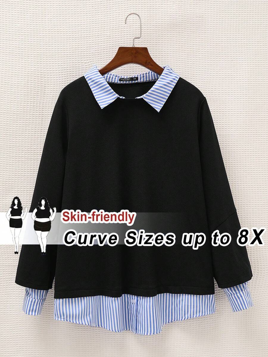SHEIN CURVE+ Plus Size Women Striped Lapel Long Sleeve Casual Patchwork Sweatshirt Winter Fall Autumn Curve Plus Tops - Baby Blue - View 1