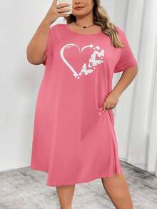 SHEIN CURVE+ Curve Plus Red Heart-Shaped Printed Long Dress, Valentine's Day - Pink - View 4