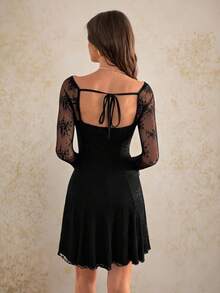 SHEIN Tall 女士花卉蕾丝拼接荷叶边下摆时尚性感连衣裙 - 黑色 - 查看 2