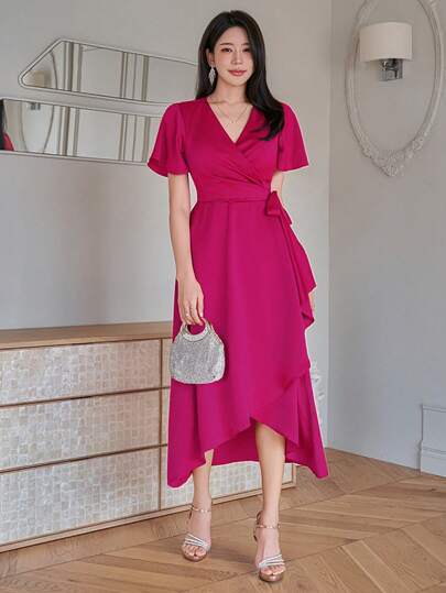DAZY Vestido largo envolvente elegante de satén, adecuado para el Día de San Valentín, bodas, fiestas, ocasiones formales, moda, ajuste ceñido, uso diario, primavera/verano