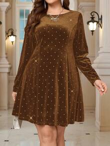 EMERY ROSE Plus Size Women Black Velvet Rhinestone  Round Neck Dress Valentine's Day/Summer/Spring/Vacation - Brown - View 4