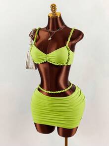 Amplova Bộ đồ 2 món gợi cảm dành cho nữ: Áo croptop xếp ly màu xanh neon và chân váy mini ôm sát xếp ly. - màu xanh lá - Xem 4