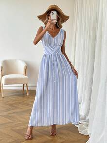 SHEIN LUNE 女士休闲条纹无袖连衣裙，春夏日常基本款 - 藍白色 - 查看 7