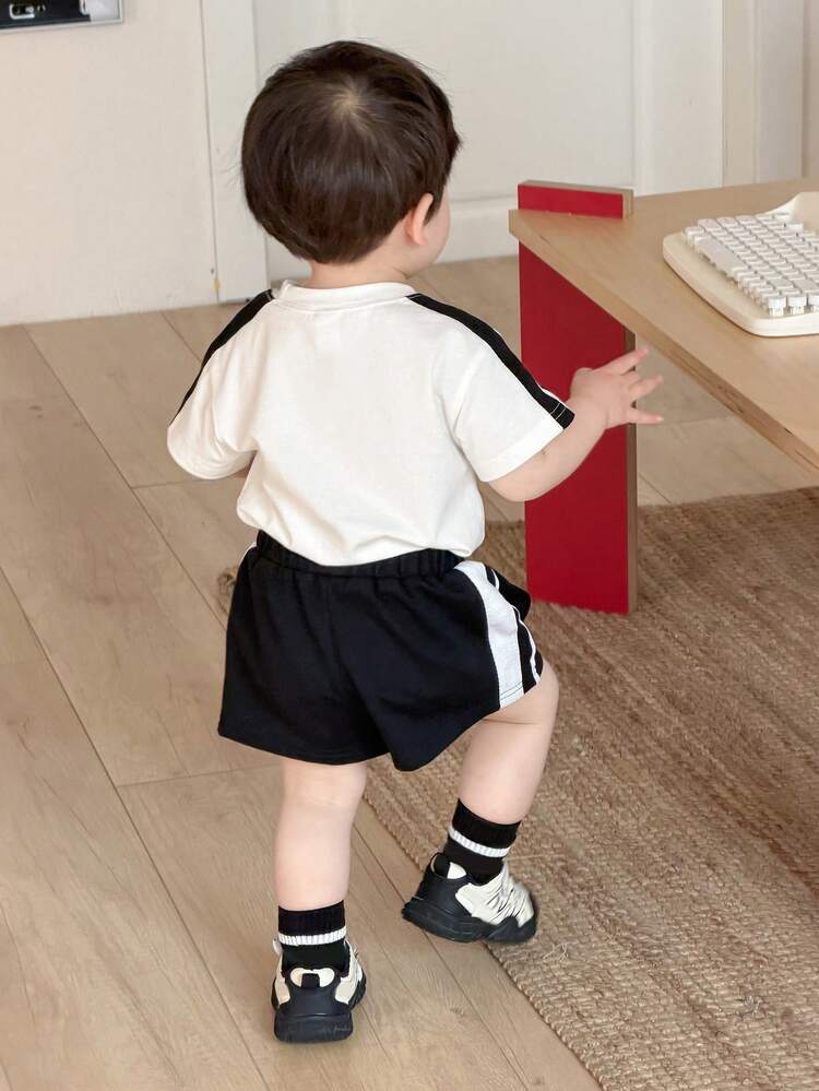 2pcs Toddler Boys' Casual English Letter Print Short Sleeve T-Shirt And Shorts Set, Summer