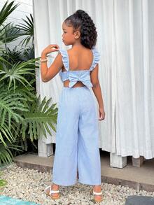 Girls Frill Trim Bowknot Back Striped Jumpsuit Pants, Casual Vacation Beach Wear For Summer - Blue - View 1