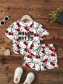 HELLO KITTY AND FRIENDS | SHEIN Kleine Mädchen Sommer Lässig Cartoon Katzen Muster Kurzarm T-Shirt und Shorts Set - Weiss - Übersicht 1