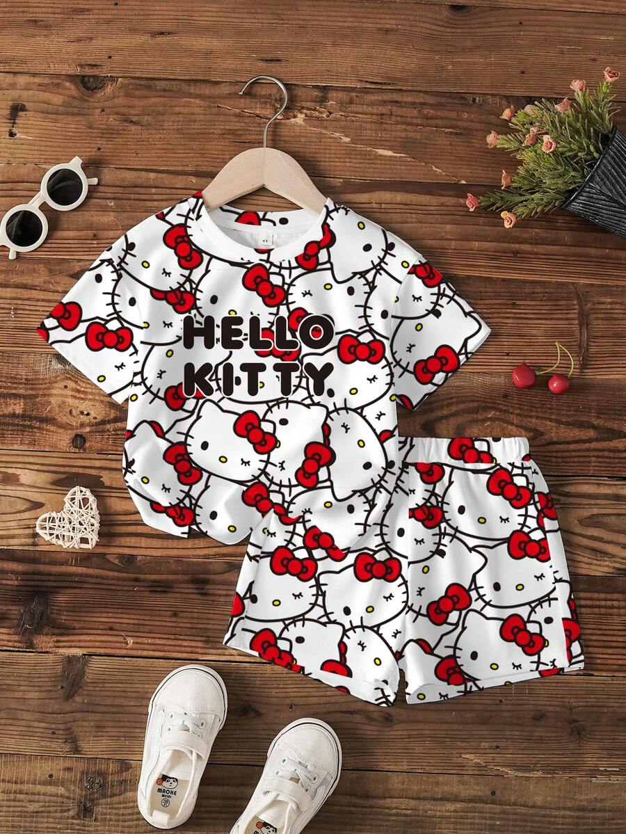 HELLO KITTY AND FRIENDS | SHEIN Kleine Mädchen Sommer Lässig Cartoon Katzen Muster Kurzarm T-Shirt und Shorts Set - Weiss - Übersicht 1