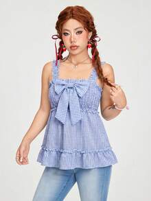 ROMWE Kawaii Cute Plaid Pattern Bow Decor Camisole - Multicolor - View 4