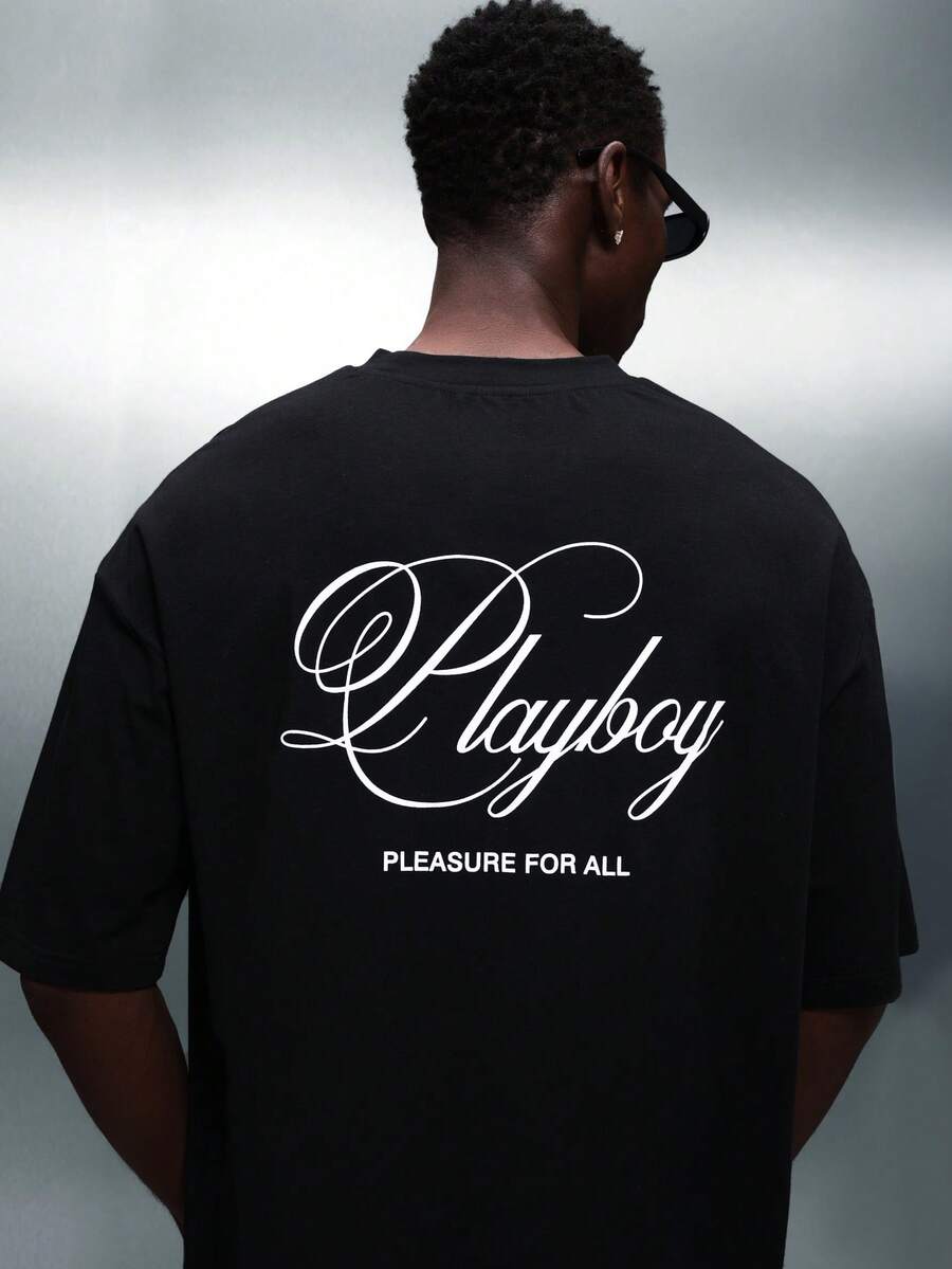 PLAYBOY X SUMWON Skript Logo Rundhals Kurzarm Baumwoll T-Shirt, Komfortabler Schnitt, Lässige Streetwear Essentials, Grundausstattung für den Alltag - Schwarz - Übersicht 1