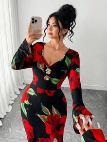 Elenzga Plus Size Elegant Commuter Floral Print High Slit Dress