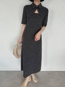 FRIFUL Women's Polo Collar Bodycon Tie-Dye Textured Fabric Dress, Summer - Grey - View 2