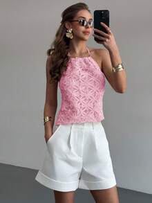 Aloruh Stylish Pink Woven Fabric Halter Top For Women With Cold Shoulder Detail And Knot Asymmetrical Hem - Pink - View 4