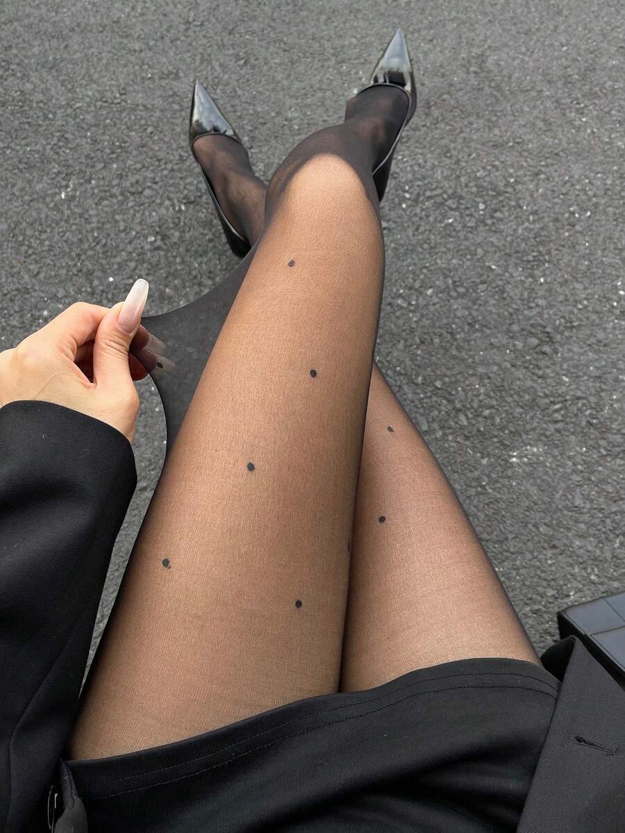 DAZY Women's Fashionable Sexy High Transparency Polka Dot Black Pantyhose Y2k - Black - View 1