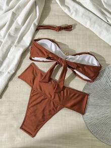 Swim SXY Swim Vcay 纯色金属装饰细肩带系带女士夏季度假泳装套装 - 鏽棕色 - 查看 5