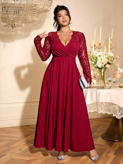 Cravure Plus Size Women Elegant Wine Red Lace Patchwork Dress, Fitted Waist A-Line Slimming Design, Suitable For Parties, New Year, Green Dress For Graduation, Holidays, Valentine's Day, Music Festivals, Mother's Day, Halloween, Thanksgiving, Easter, National Day, Dances, Dates, Weddings, Outings Plus Size Dresses Burgundy Burgundy Elegant Dress Burgundy Dresses Elegant For A Wedding Wine Dress Long Sleeve Elegant Dress