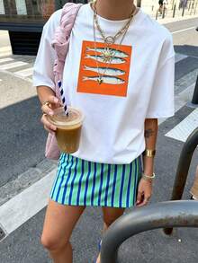 Sundraya 休闲鱼纹印花落肩宽松T恤，夏季 - 白色 - 查看 4