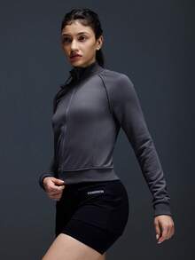 Powerista 女士简约纯色拉链立领插肩袖训练运动夹克 - 深灰色 - 查看 4