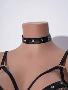 5pcs Black & Red Lace Patchwork Fishnet Lingerie Set - black red - View 9