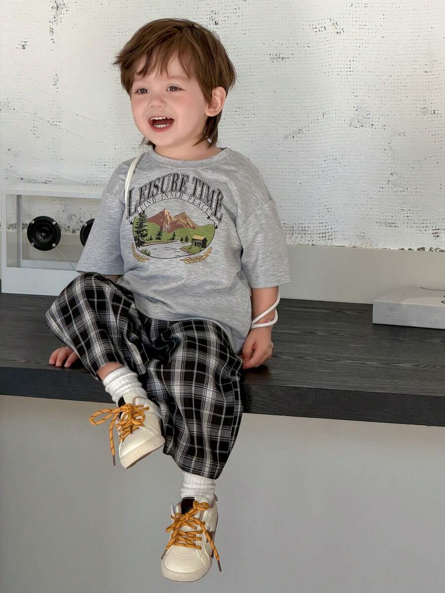 2pcs/Set Baby Boys' Round Neck Printed Casual T-Shirt And Plaid Casual Pants Set Summer - Grey - View 1