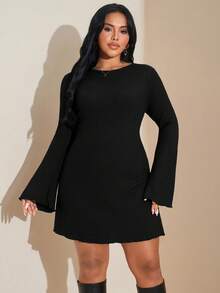 SHEIN Tall CURVE 1件女士休闲纯色优雅喇叭袖连衣裙，春夏款 - 黑色 - 查看 5