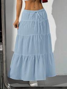 SHEIN PETITE CURVE Falda de mujer talla grande con estilo casual de vacaciones, unicolor, decoración de nudo y dobladillo escalonado - Celeste - Ver 4