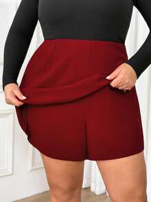SHEIN CURVE+ Shorts de mujer talla grande con lazo, decoración de diamantes, shorts asimétricos de base de amor/amor negro de San Valentín - Burdeos - Ver 2