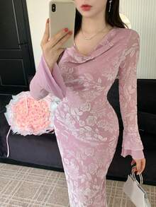 DAZY Đầm maxi dài tay thanh lịch cổ xếp ly in hoa dành cho nữ. - Màu tím - Xem 1