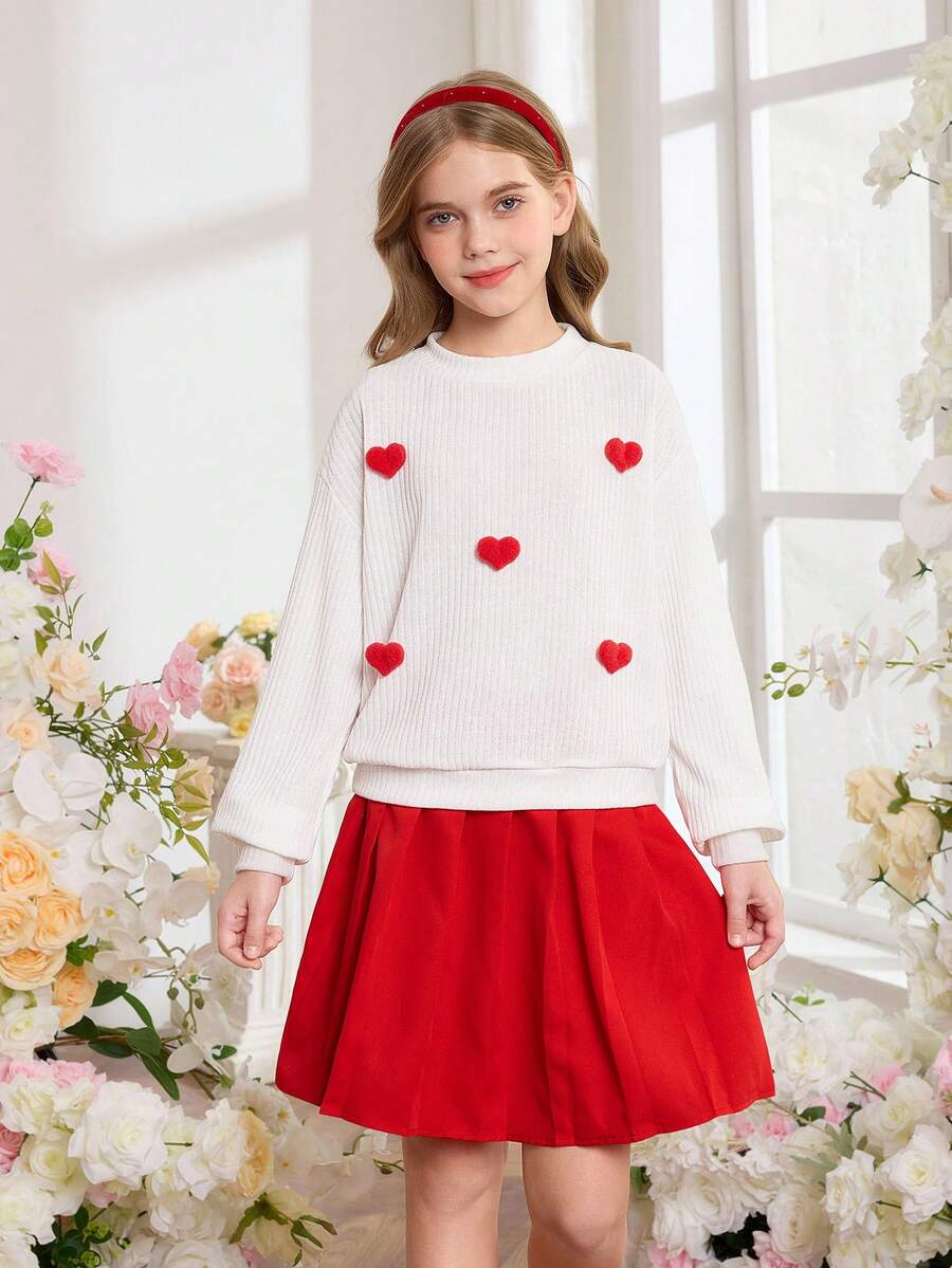 Autumn/Winter Sweet Soft Knit Strawberry Printed Pullover Top & Pleated Skirt 2 Pieces Casual Set - Red - View 1