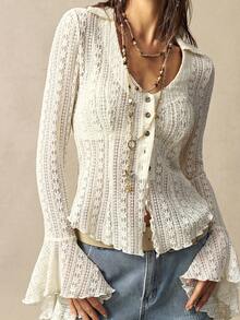 Bohemela BOHO Vacation White Lace Knit Flare Long Sleeve V-Neck Blouse For Women - Apricot - View 5