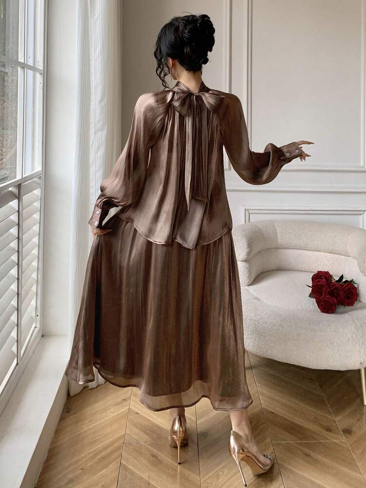 Women's Elegant Solid Color Tie Collar Blouse And Skirt 2 Pieces Set, Spring/Summer,Wedding Guest Dress Women