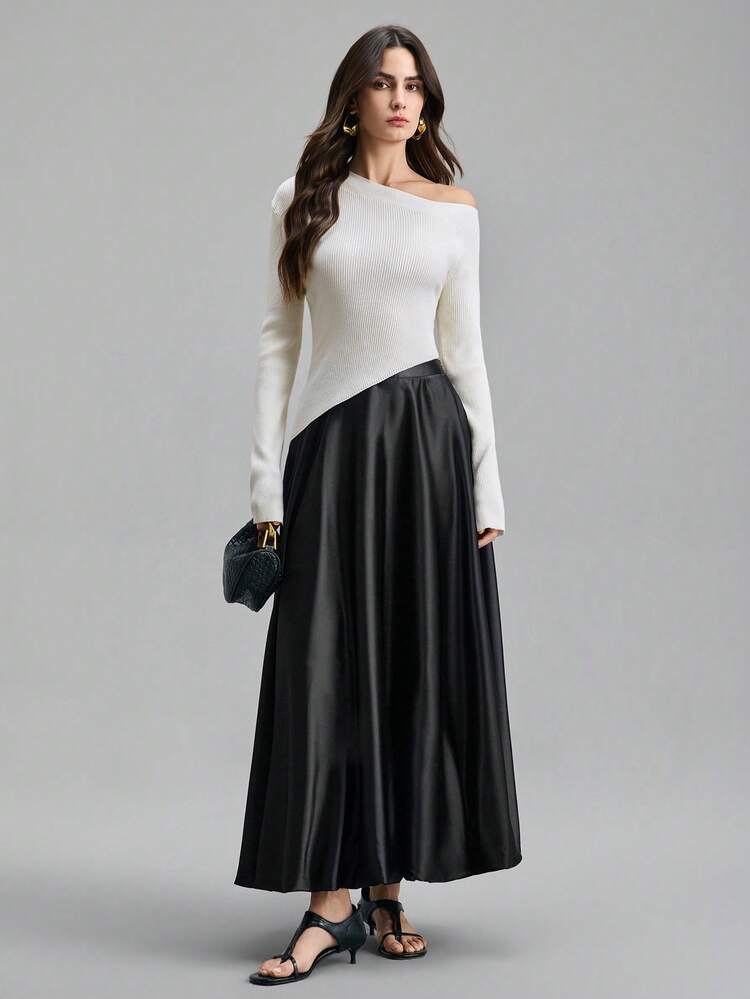 Women's Solid Color Asymmetrical Shoulder Fitted Knit Top,Off-White Chic Autumn Casual Occasion Basic Blouse,Elegant Party Office Business Wear