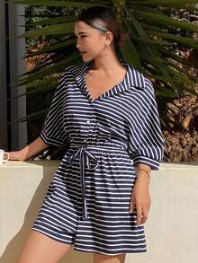 DAZY Women's Minimalist Striped Short Jumpsuit Loungewear - Blue - View 6