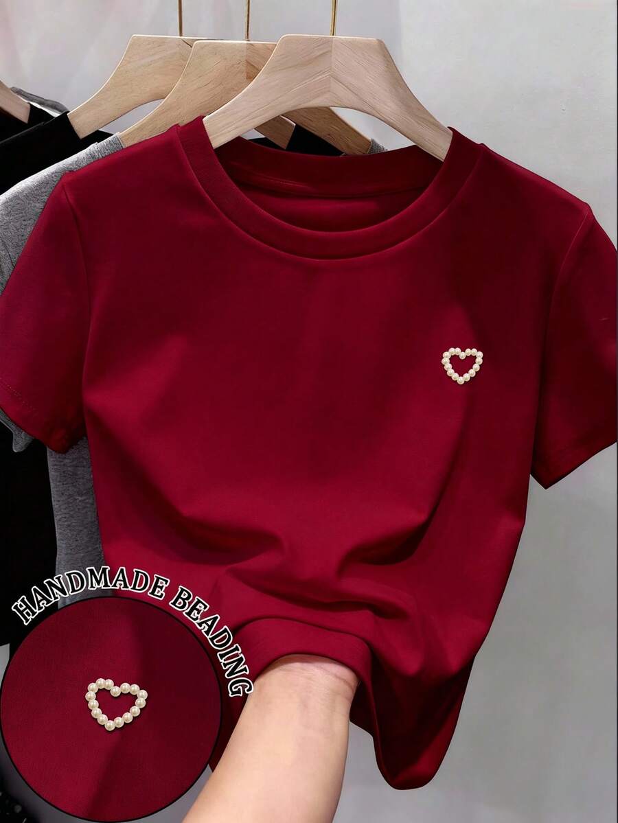 Resyla Áo thun nữ tay ngắn cổ tròn dáng regular, đính hạt hình trái tim, thời trang tối giản, thích hợp làm quà tặng cho bạn bè. - Màu Đỏ Sâu - Xem 1