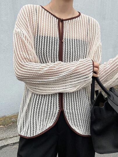 FRIFUL Women's Contrast Trim V-Neck Sheer Long Sleeve Regular Jacket