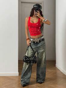 StreetHx Women's Street Style Rhinestone Embellished Square Neck Cropped Camisole - Red - View 5