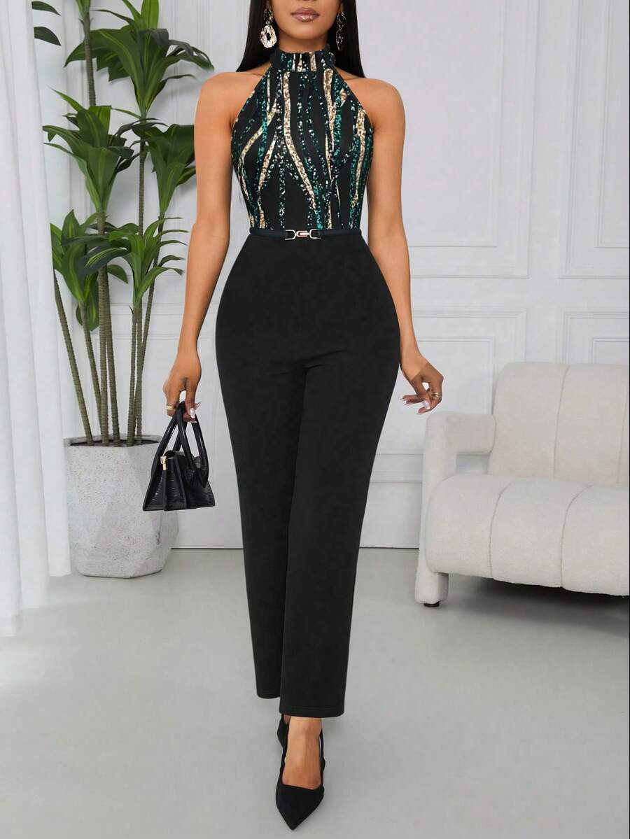 Lyxana Women's Elegant Printed Halter Jumpsuit - Black - View 1