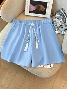 GlowEve CURVE Casual, Commute & Vacation Elegant Pocket Decorated Plus Size Shorts, Spring/Summer Elastic Waist Shorts Women Women Summer Shorts Casual Shorts Women Drawstring Shorts Women Women Shorts - Blue - View 1