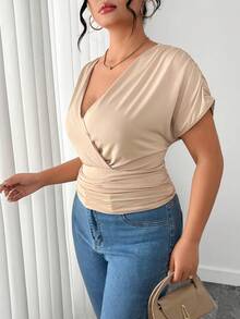 Elenzga Camiseta corta de punto de manga corta con cuello en V para mujer de talla grande, estilo minimalista - Caqui - Ver 5