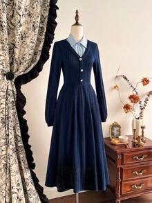 Vintamour 复古优雅女士连衣裙，带口袋，二合一针织提花纹理撞色条纹衬衫纽扣休闲工作度假连衣裙夏季连衣裙长款夏季连衣裙女士夏季服装女士夏季服装春季服装女士春假服装情人节女士情人节服装情人节连衣裙情人节服装情人节服装优雅女士连衣裙女士优雅连衣裙女士生日连衣裙 - 藍色 - 查看 6